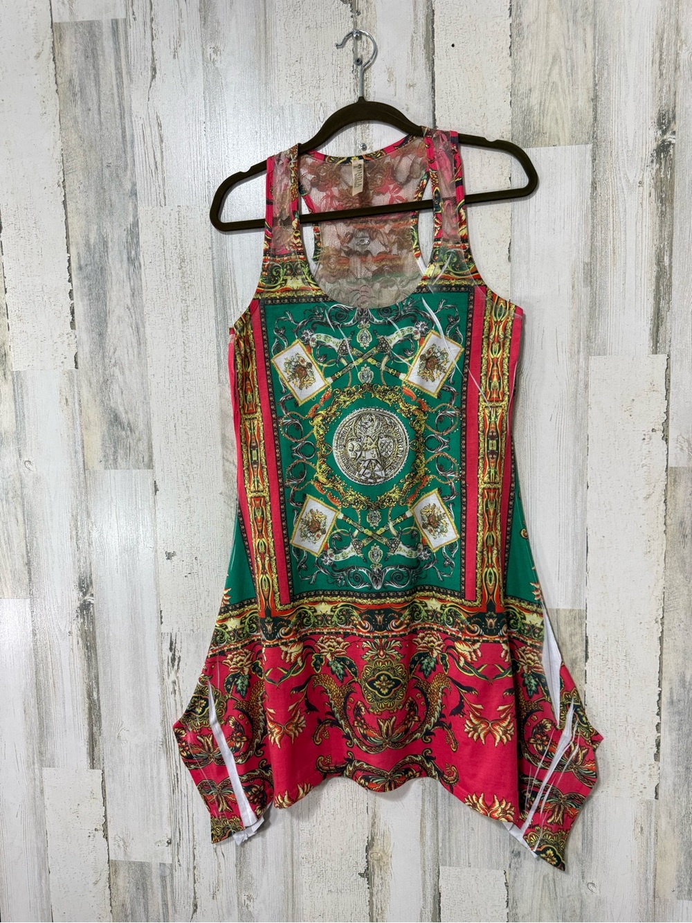 India Boutique Green & Pink Baroque Asymmetrical Long Tank Tunic Top